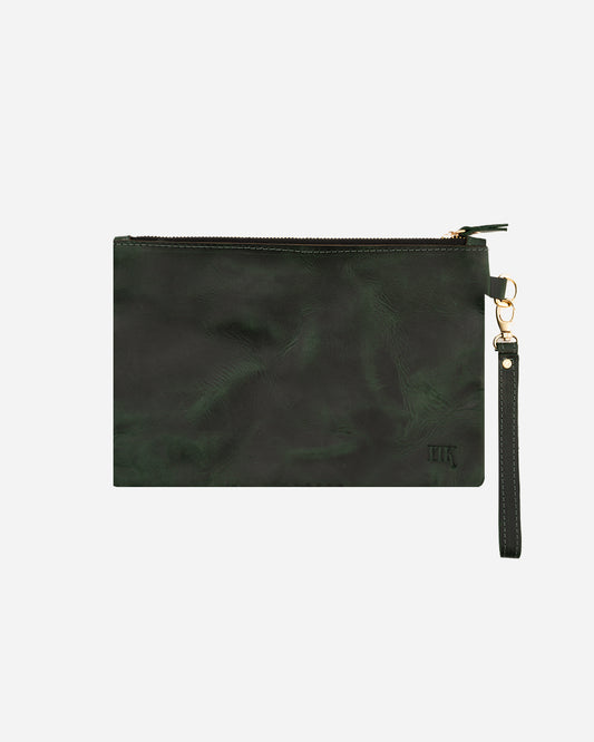 Dark Green Medium Zipper Pouch - Real Leather