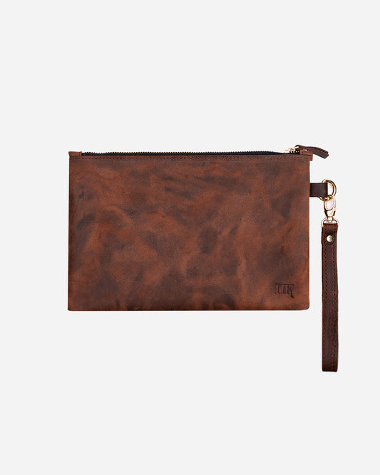 Dark Brown Medium Zipper Pouch - Real Leather