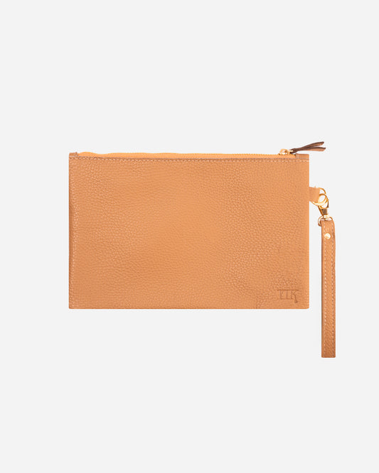 Beige Medium Zipper Pouch - Real Leather