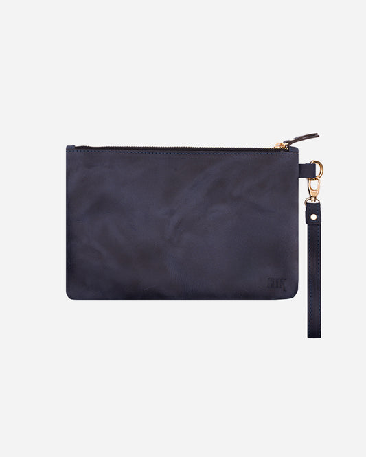Dark Blue Medium Zipper Pouch - Real Leather