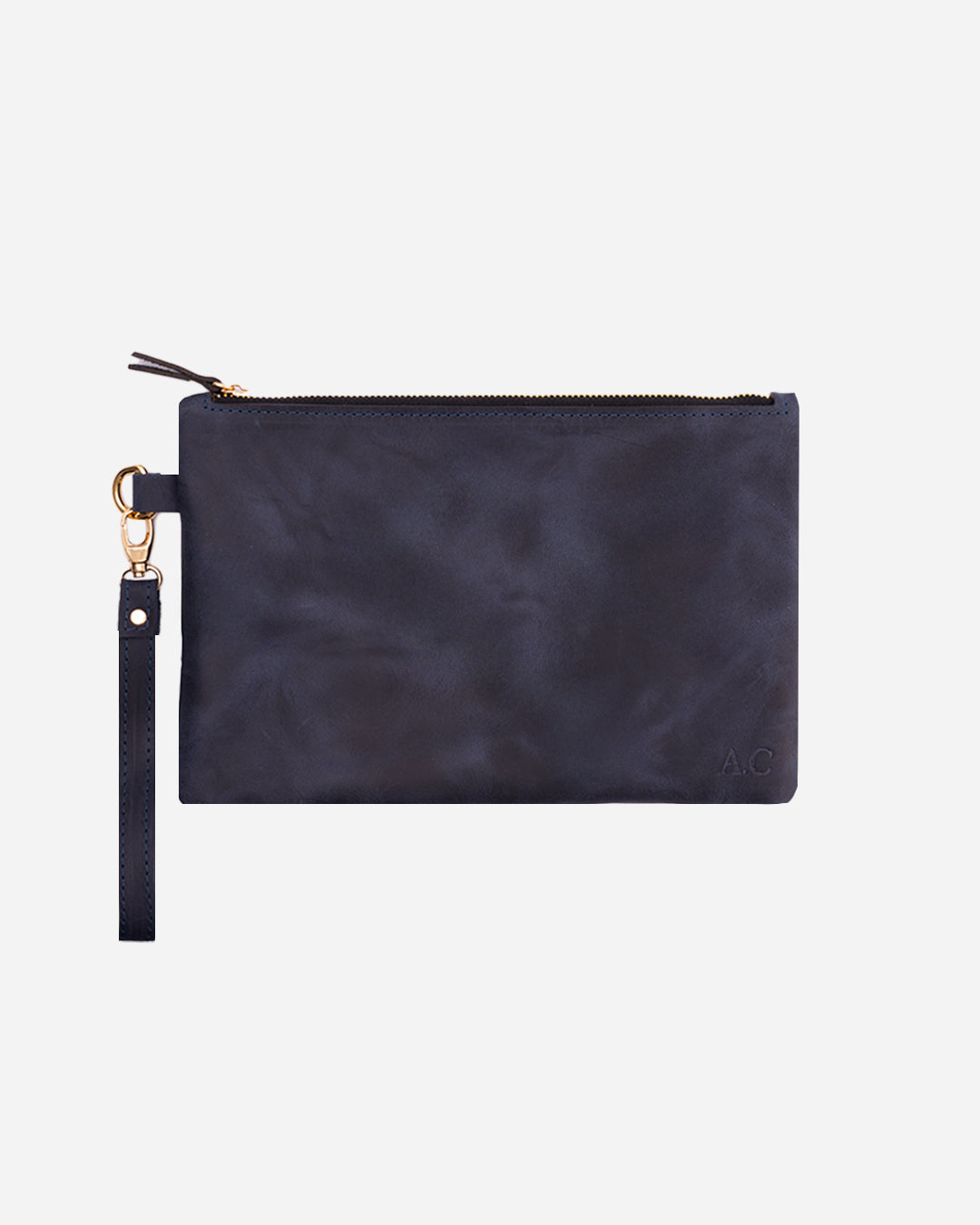 Dark Blue Medium Zipper Pouch - Real Leather