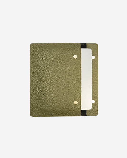 Green Magnetic Buttoned Laptop Case - Real Leather