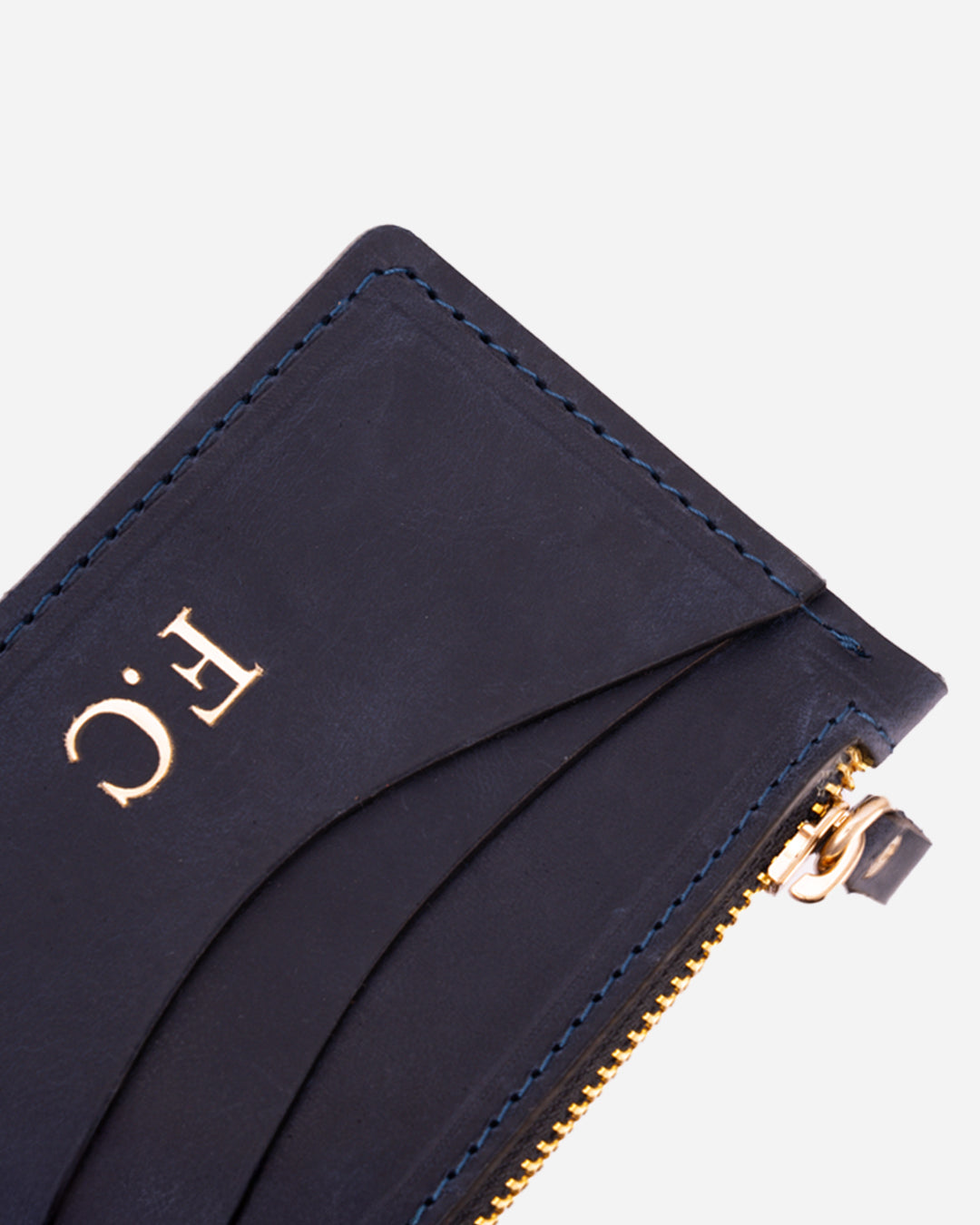 Dark Blue Zip Waved Card Holder - Real Leather
