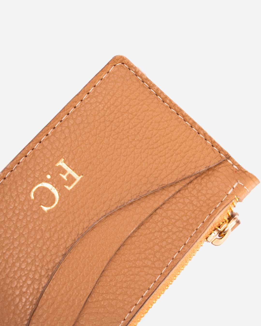 Beige Zip Waved Card Holder - Real Leather