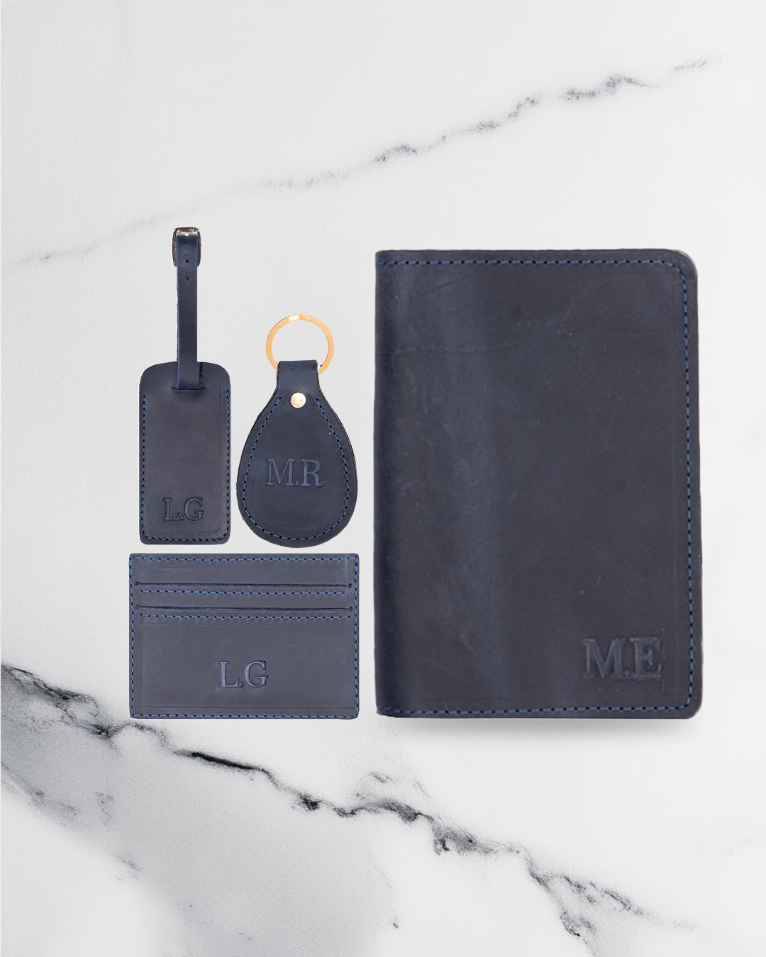 Dark Blue Keychain & Cardholder & Luggage tag & Passport Cover (Set) - Real Leather