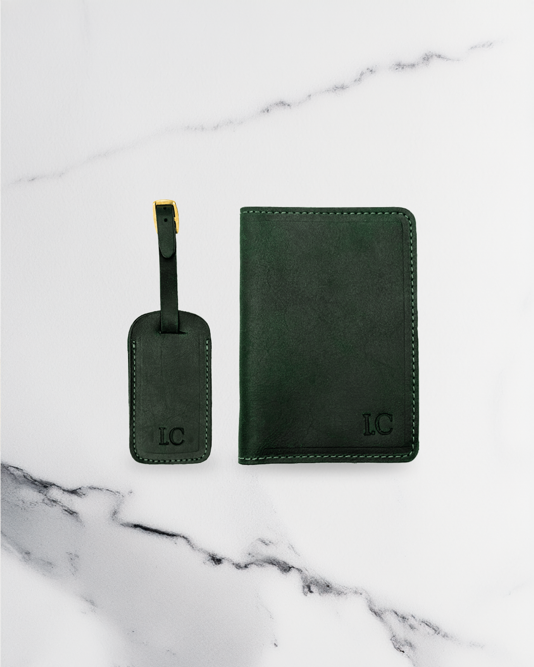 Dark Green Luggage tag & Passport cover (Set) - Real Leather
