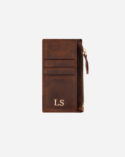 Dark Brown Zip Card Holder - Real Leather