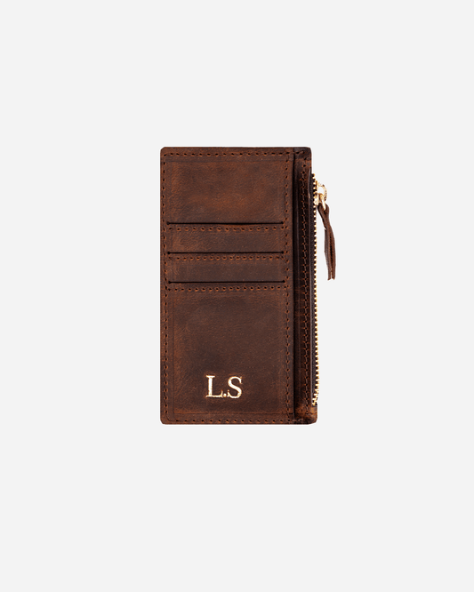 Dark Brown Zip Card Holder - Real Leather