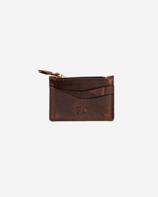 Dark Brown Zip Waved Card Holder - Real Leather