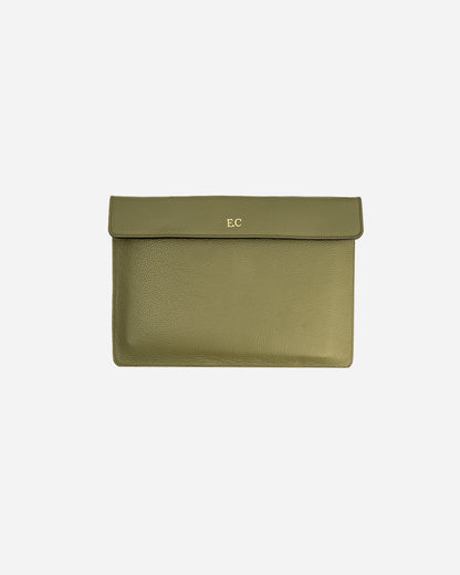 Green Magnetic Buttoned Laptop Case - Real Leather
