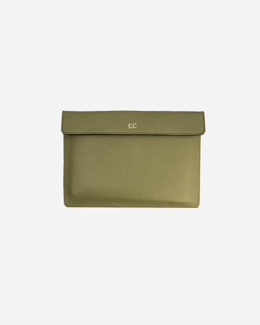 Green Magnetic Buttoned Laptop Case - Real Leather