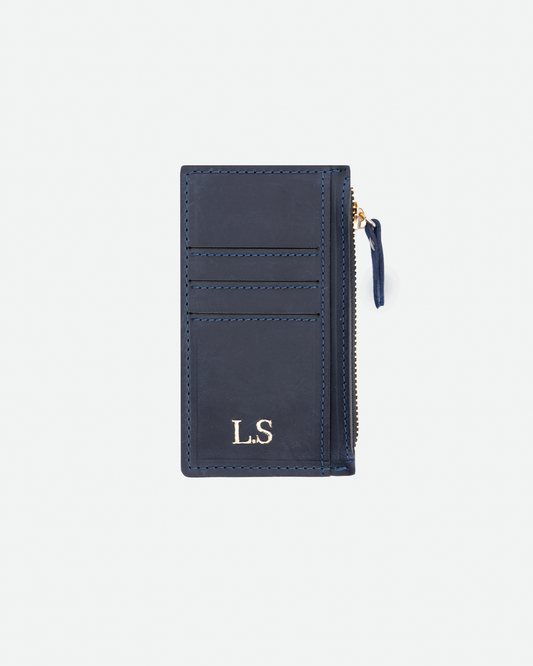 Dark Blue Zip Card Holder - Real Leather