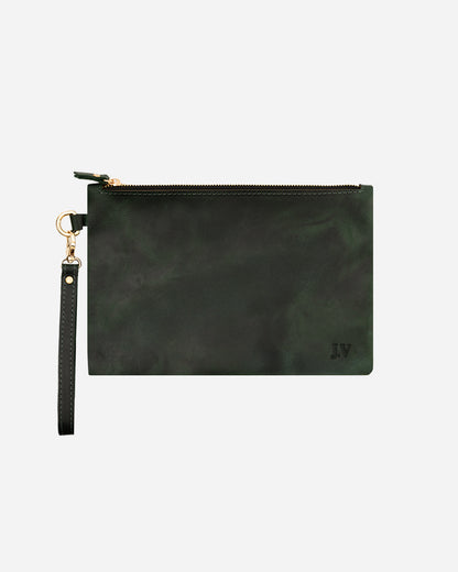 Dark Green Medium Zipper Pouch - Real Leather