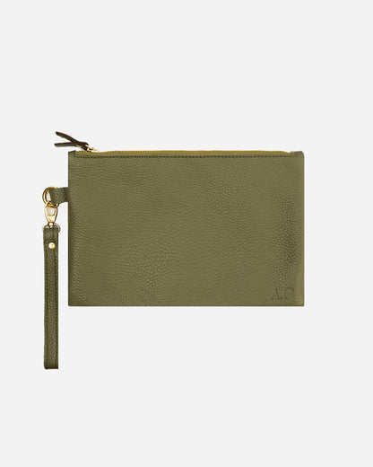 Green Medium Zipper Pouch - Real Leather