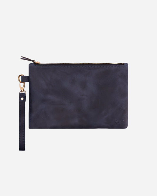 Dark Blue Medium Zipper Pouch - Real Leather