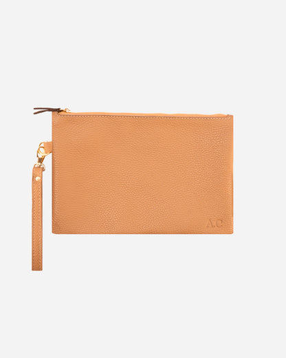 Beige Medium Zipper Pouch - Real Leather