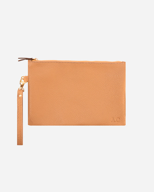 Beige Medium Zipper Pouch - Real Leather