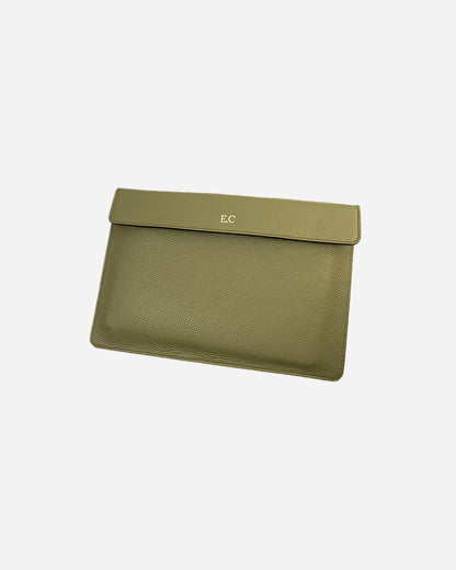 Green Magnetic Buttoned Laptop Case - Real Leather