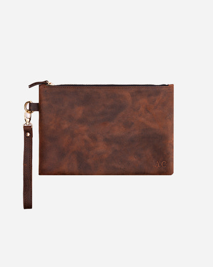 Dark Brown Medium Zipper Pouch - Real Leather