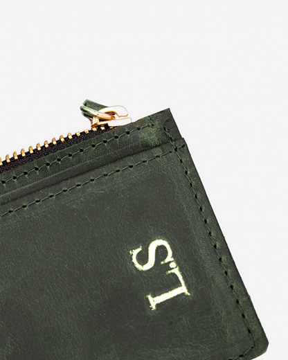Dark Green Zip Card Holder - Real Leather