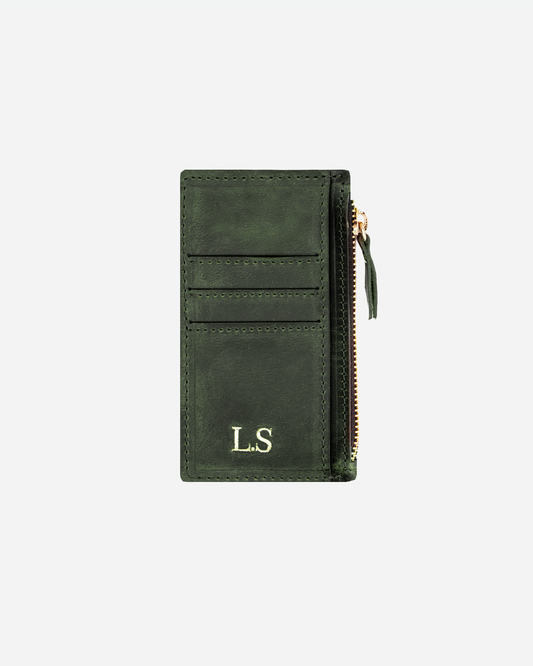 Dark Green Zip Card Holder - Real Leather