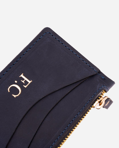 Dark Blue Zip Waved Card Holder - Real Leather