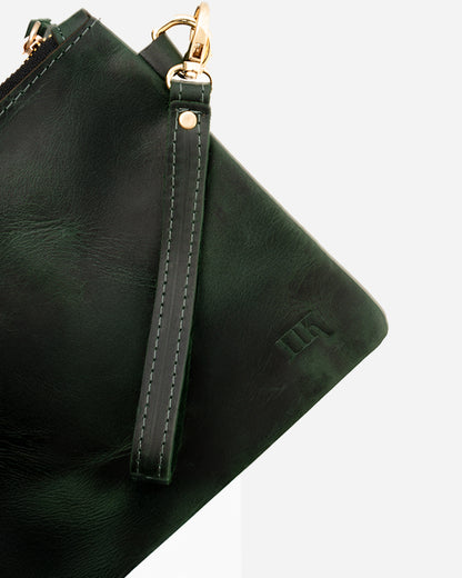 Dark Green Sunglasses Pouch & Zip Card Holder & Medium Zipper Pouch (Set) - Real Leather