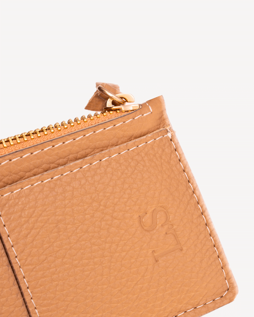 Beige Zip Card Holder - Real Leather