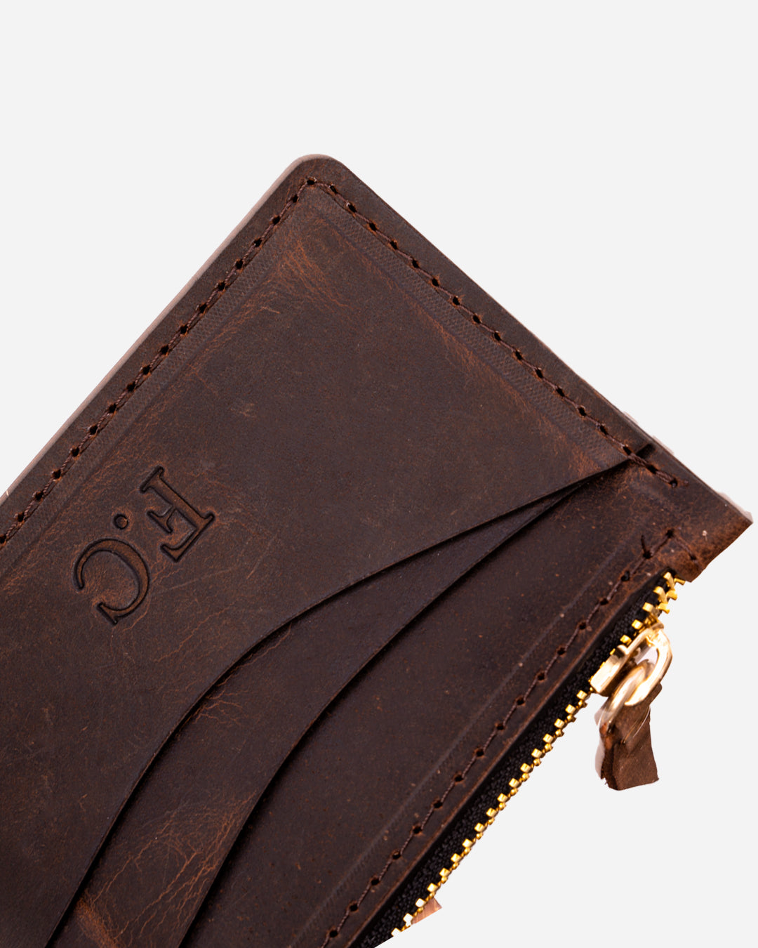 Dark Brown Zip Waved Card Holder - Real Leather