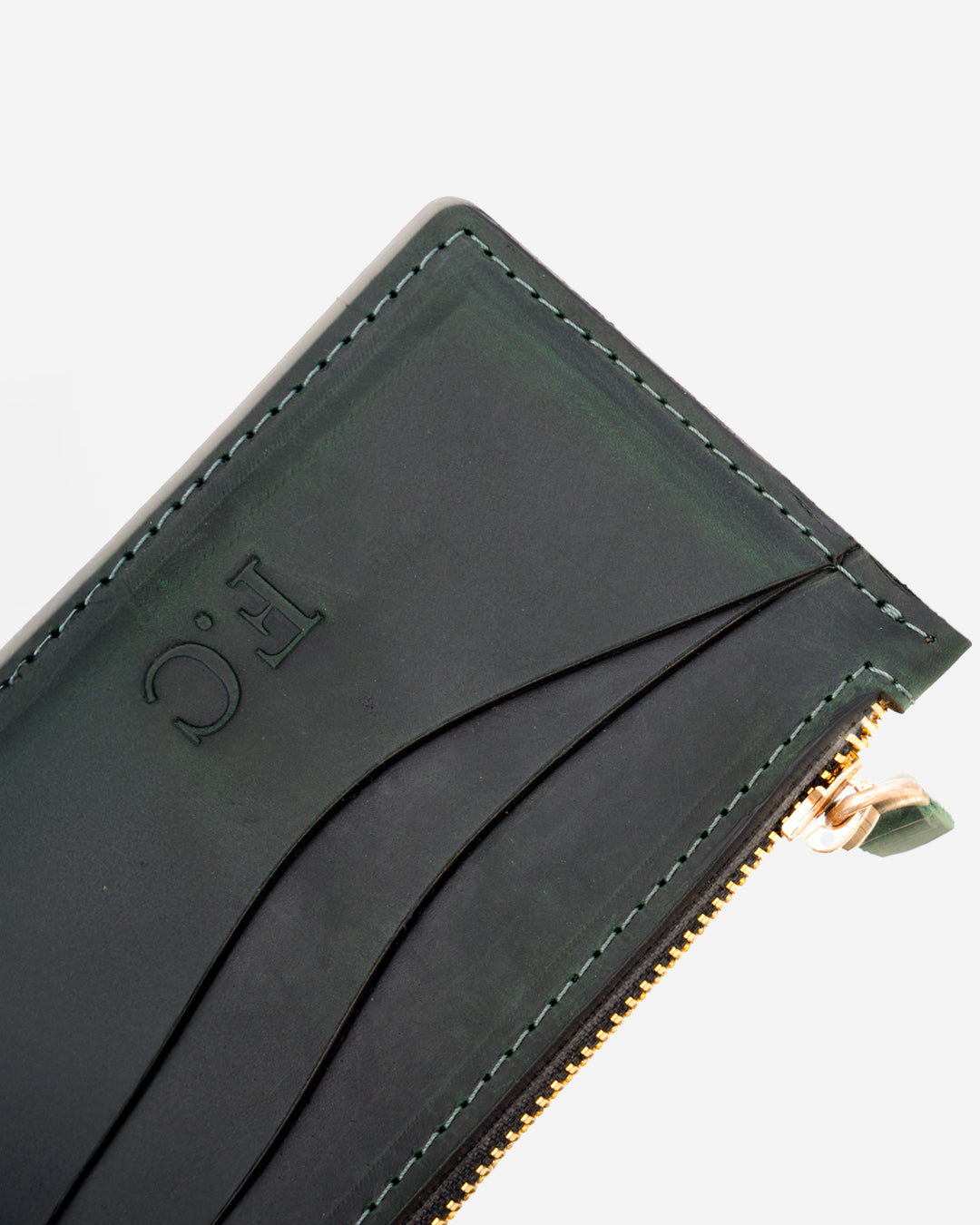 Dark Green Zip Waved Card Holder - Real Leather