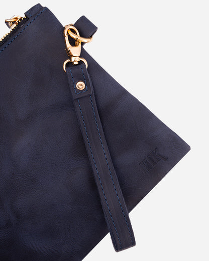 Dark Blue Sunglasses Pouch & Zip Card Holder & Medium Zipper Pouch (Set) - Real Leather