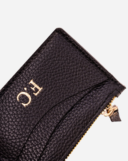 Black Zip Waved Card Holder - Real Leather