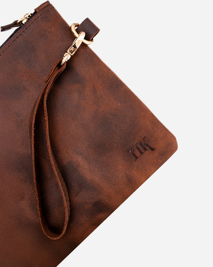 Dark Brown Sunglasses Pouch & Zip Card Holder & Medium Zipper Pouch (Set) - Real Leather
