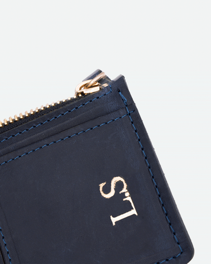 Dark Blue Sunglasses Pouch & Zip Card Holder & Medium Zipper Pouch (Set) - Real Leather