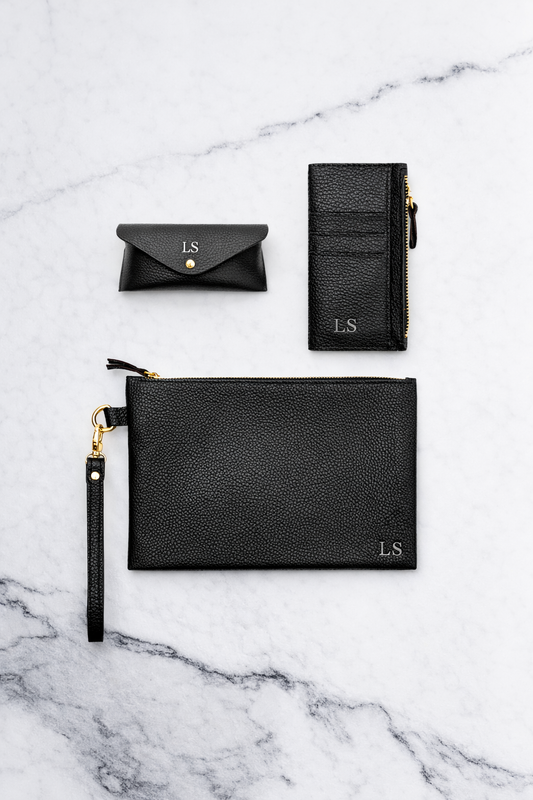 Black Sunglasses Pouch & Zip Card Holder & Medium Zipper Pouch (Set) - Real Leather