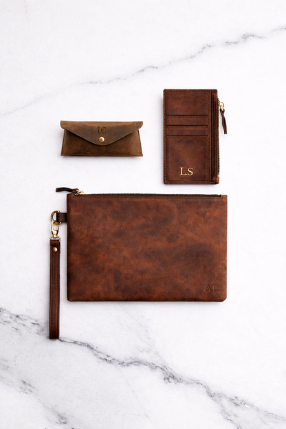 Dark Brown Sunglasses Pouch & Zip Card Holder & Medium Zipper Pouch (Set) - Real Leather