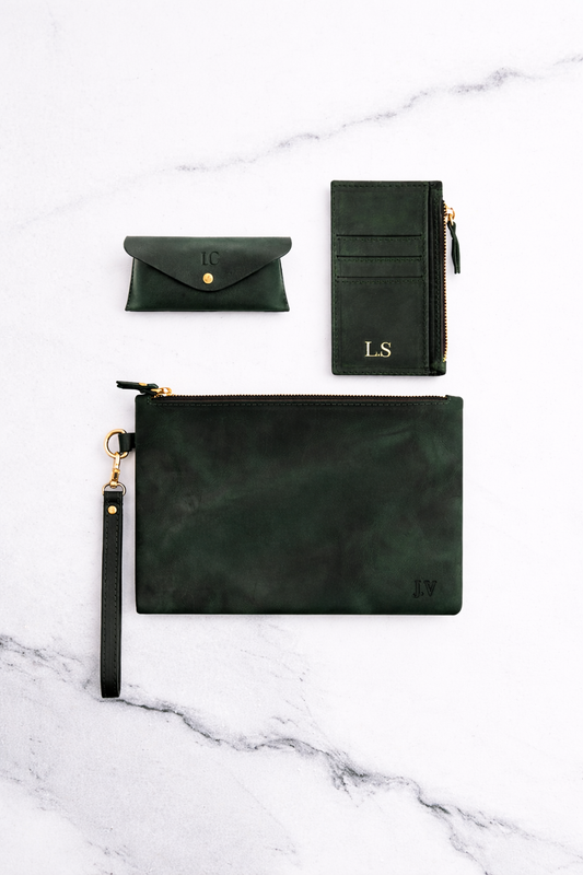 Dark Green Sunglasses Pouch & Zip Card Holder & Medium Zipper Pouch (Set) - Real Leather