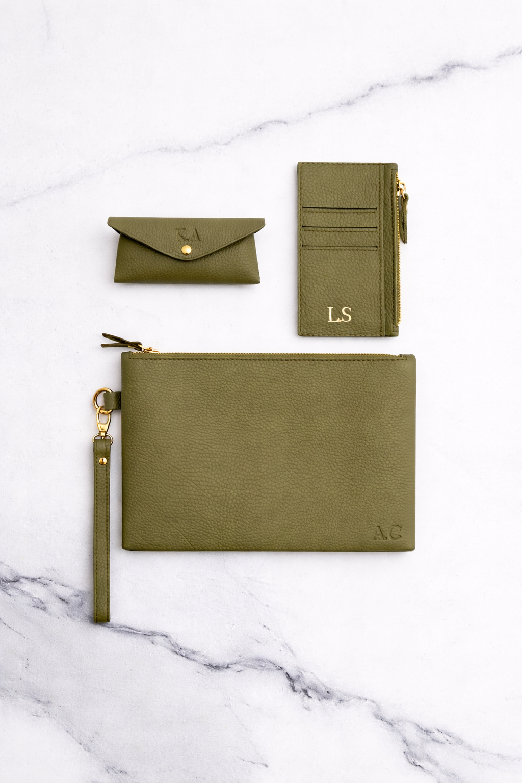 Green Sunglasses Pouch & Zip Card Holder & Medium Zipper Pouch (Set) - Real Leather