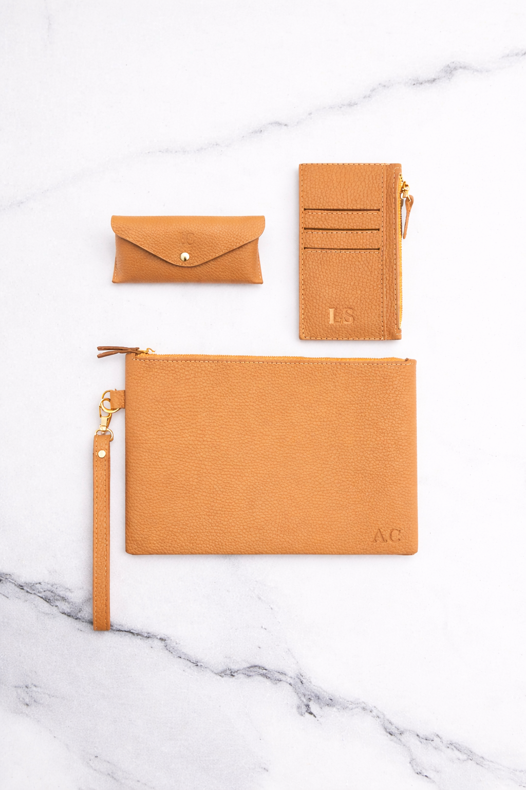 Beige Sunglasses Pouch & Zip Card Holder & Medium Zipper Pouch (Set) - Real Leather