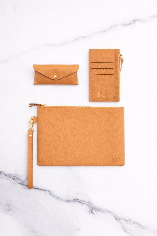 Beige Sunglasses Pouch & Zip Card Holder & Medium Zipper Pouch (Set) - Real Leather