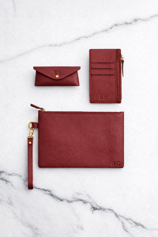 Maroon Sunglasses Pouch & Zip Card Holder & Medium Zipper Pouch (Set) - Real Leather