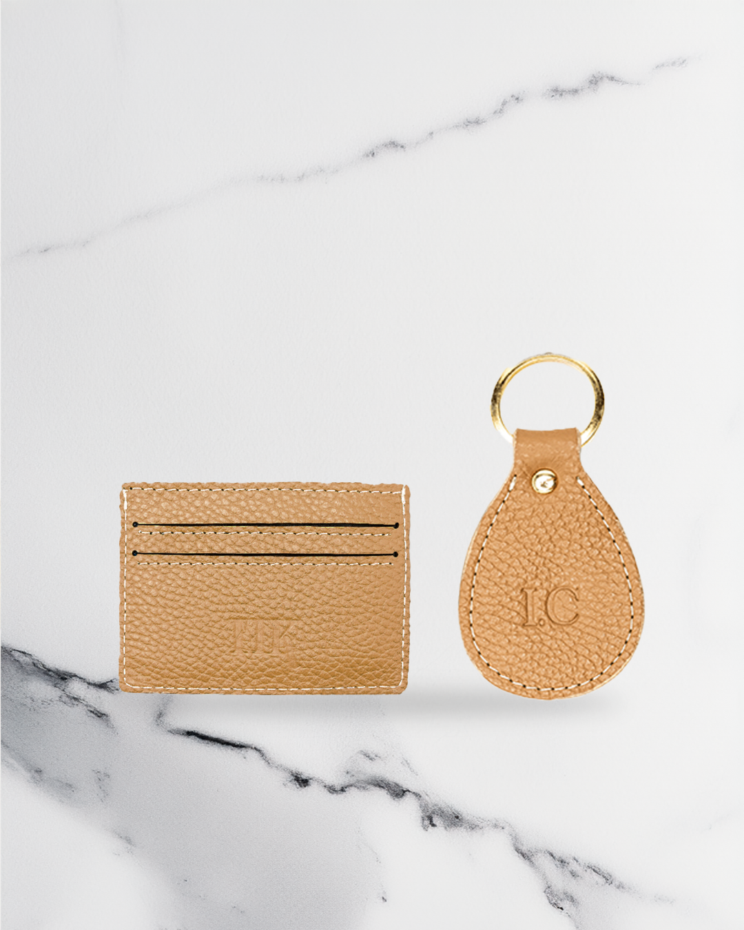 Beige Keychain & Cardholder (Set) - Real Leather