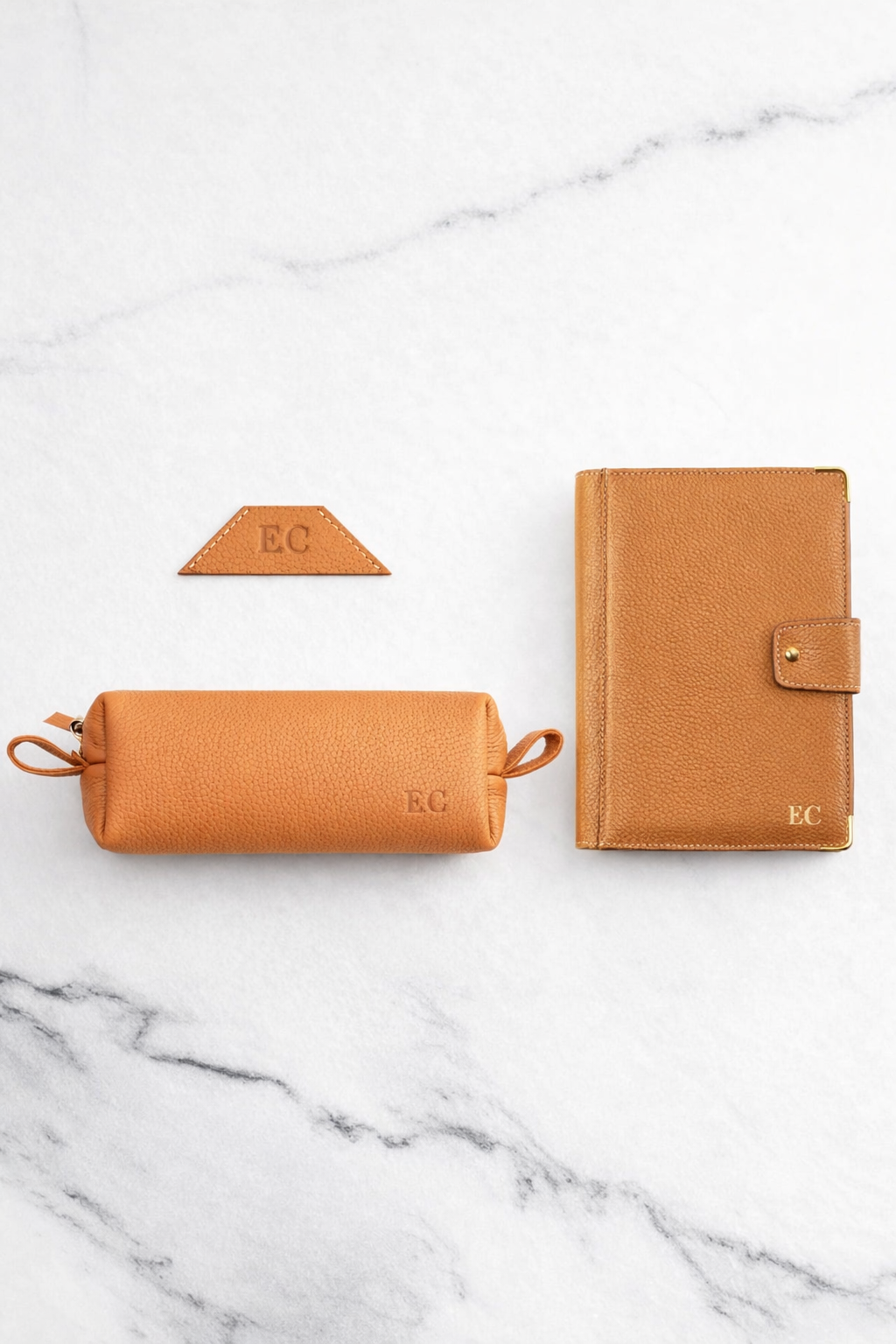 Beige Bookmark & Pencil case & Diary Cover (Set) - Real Leather