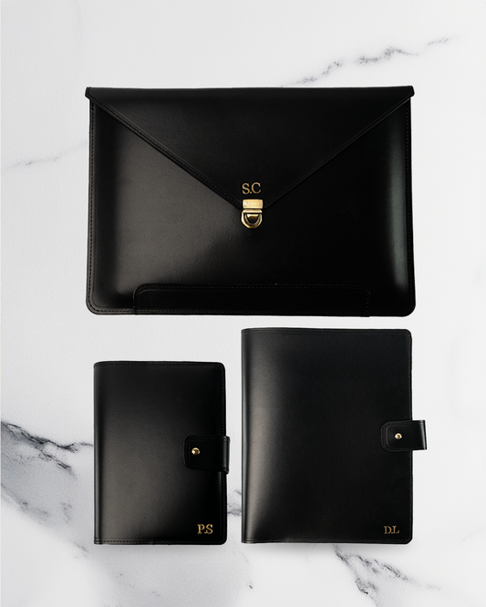 Black Diary Cover & A4 folder & Laptop Case (Set) - Recycled Leather