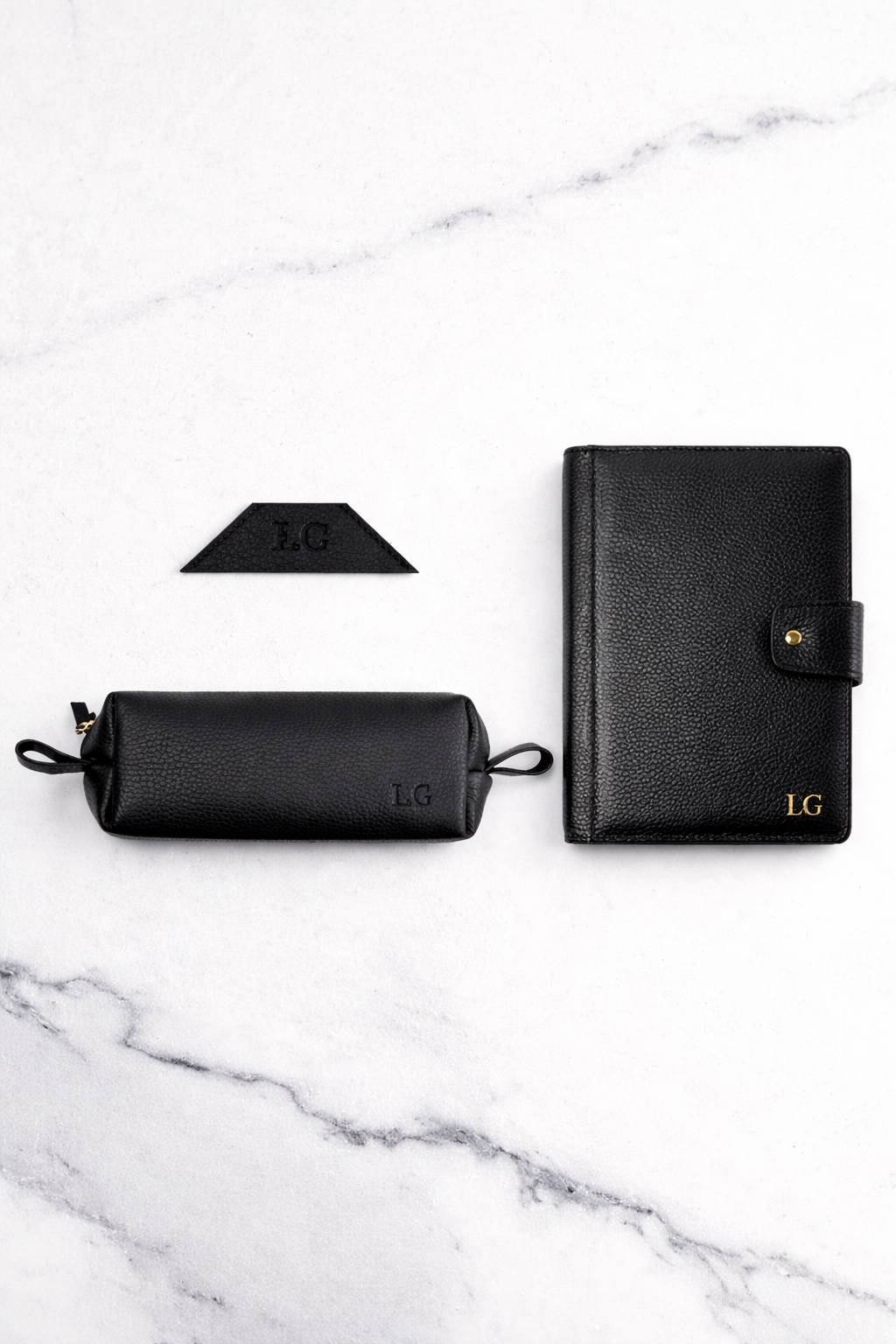 Black Bookmark & Pencil case & Diary Cover (Set) - Real Leather