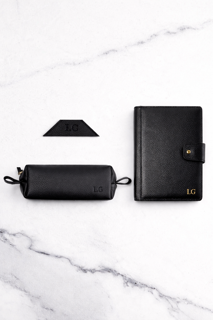 Black Bookmark & Pencil case & Diary Cover (Set) - Real Leather