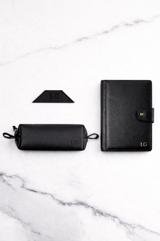 Black Bookmark & Pencil case & Diary Cover (Set) - Real Leather