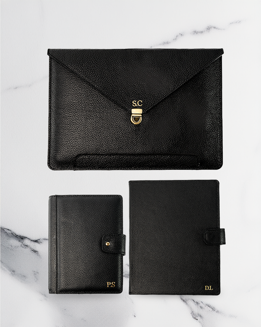 Black Diary Cover & A4 folder & Laptop Case (Set) - Real Leather