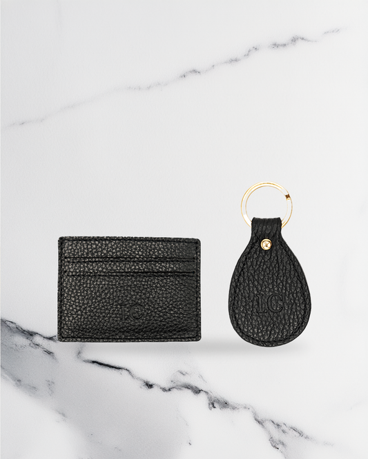 Black Keychain & Cardholder (Set) - Real Leather