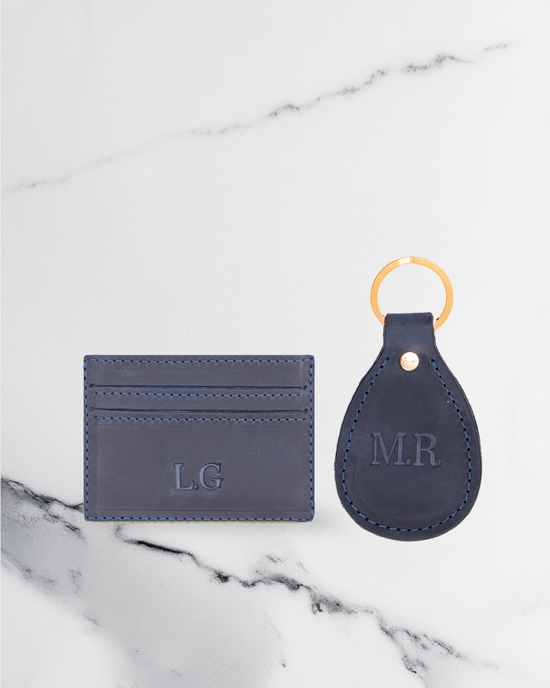 Dark Blue Keychain & Cardholder (Set) - Real Leather